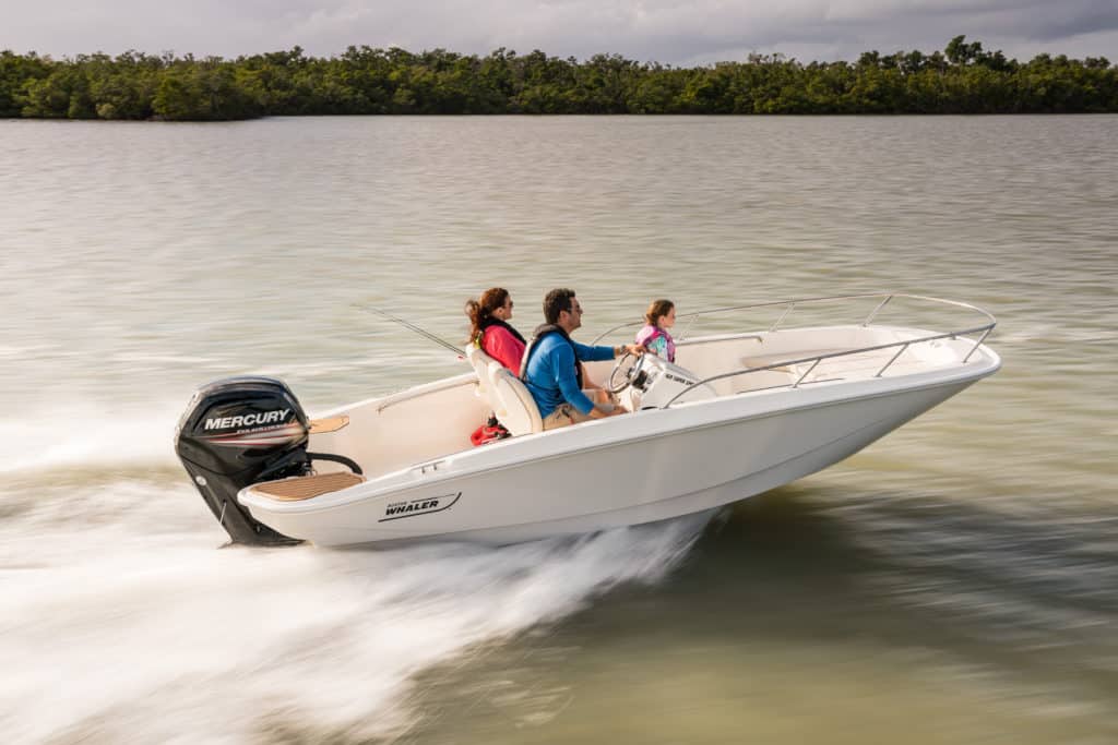 Boston Whaler running across the bay